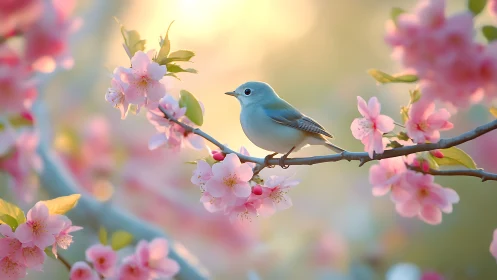 Blue songbird perched among pink spring blossoms.
