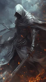 Hooded dark warrior strides through embers with quiet power