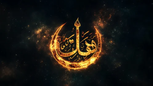 Luminescent Arabic crescent calligraphy in cosmic particle field.