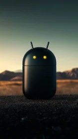Midnight desert android stands glowing against fading dusk