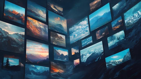 Layered digital wall of floating mountain landscapes.