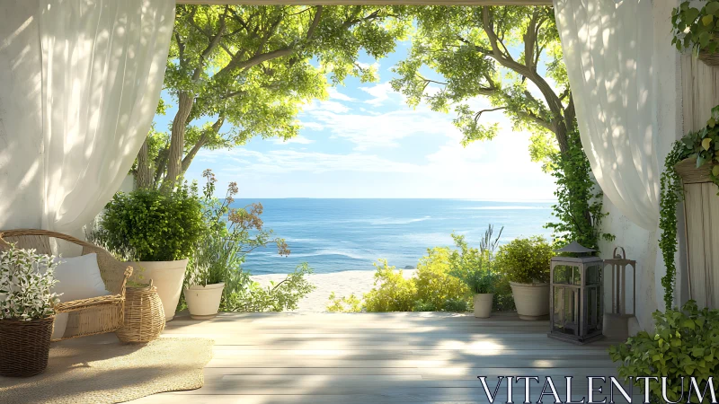 Luminous coastal veranda with botanical framing and ocean vista.