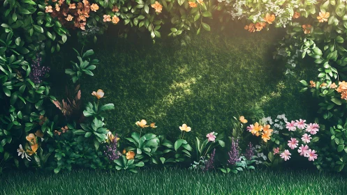 Lush floral hedge border framing mossy garden backdrop.