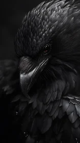 Raven portrait reveals glossy black plumage in stark focus