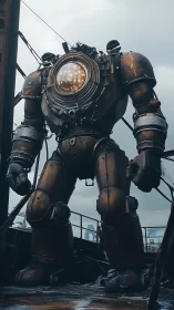 Rustic deep sea diving mech suit on industrial deck.