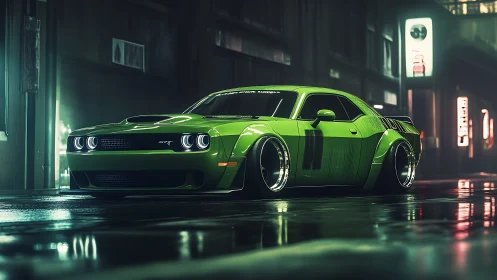 Neon street-tuned muscle coupe under cinematic rain reflections.