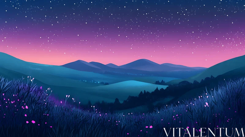 Twilight hills hum softly beneath a candy-glow starfield