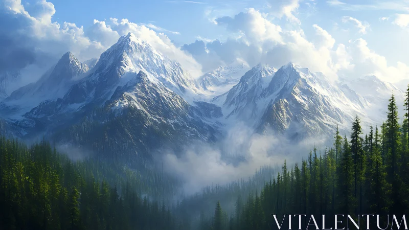 Snow-covered mountain range rises above dense green forest