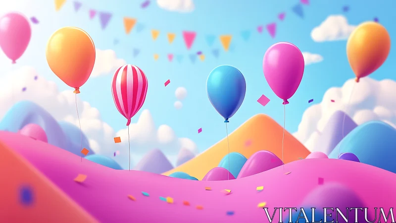 Balloons soar through a vibrant sky landscape.