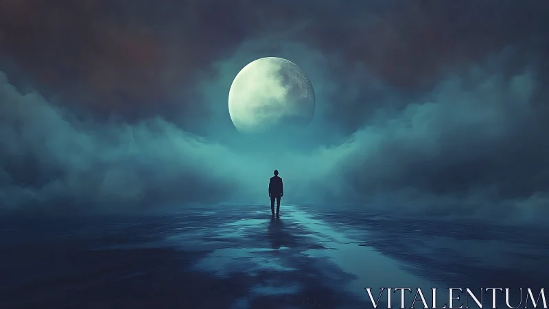 Solitary human figure walks toward large moon over water