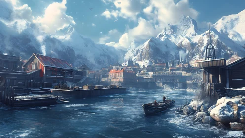 Snowy harbor town unfolds beneath towering alpine peaks.
