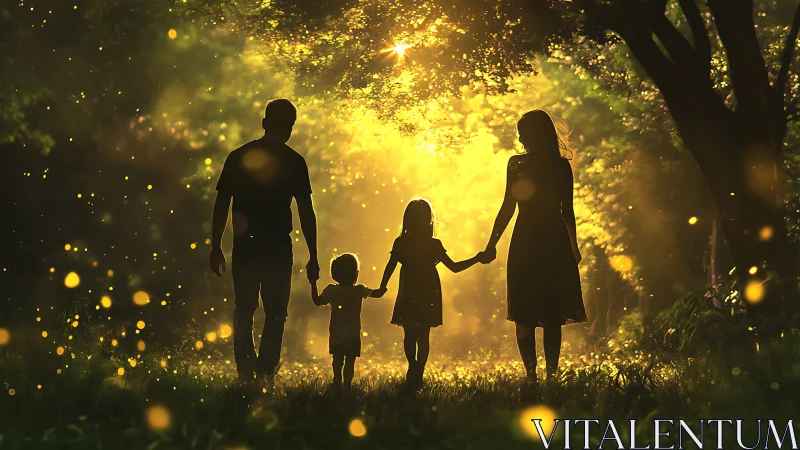 Family silhouettes under golden tree light with particle effects.