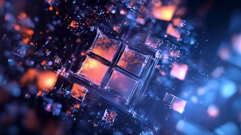 Glowing glass-like window icon amid volumetric bokeh particles