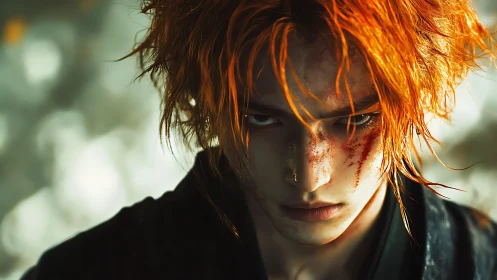 Bloodied warrior portrait with intense fiery gaze.