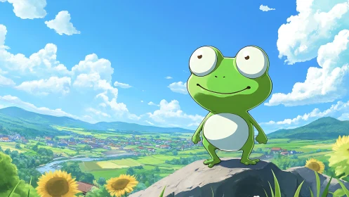 Sunny hillside frog hero gazing over a cheerful valley.