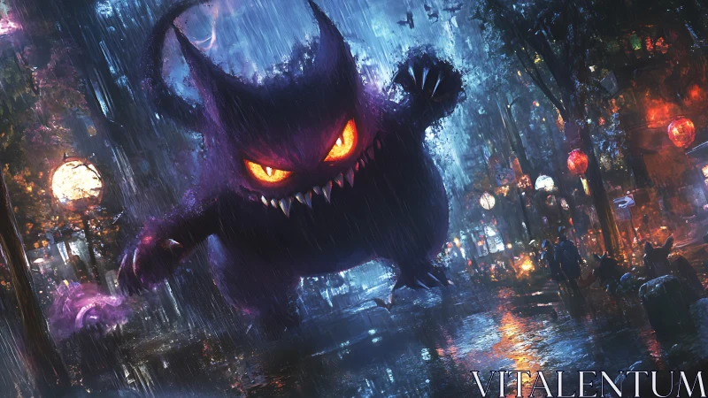 Ghost-like creature traverses rain-soaked neon city street