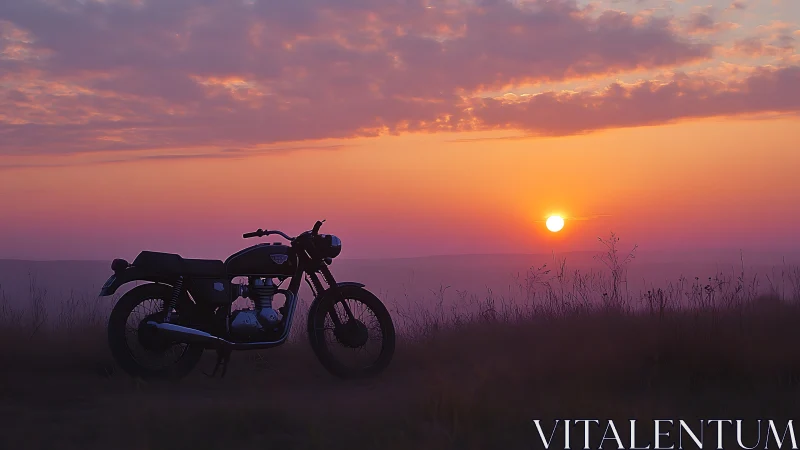 Vintage motorcycle silhouette rests under vivid sunset sky