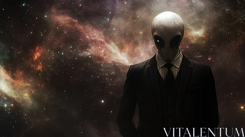 Alien figure in tailored suit stands against dense starfield