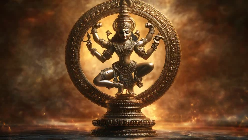 Bronze multi-armed deity sculpture in radiant circular halo.