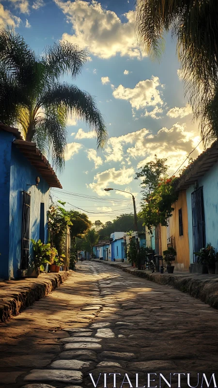 Cobblestone village street glows under warm sunset sky