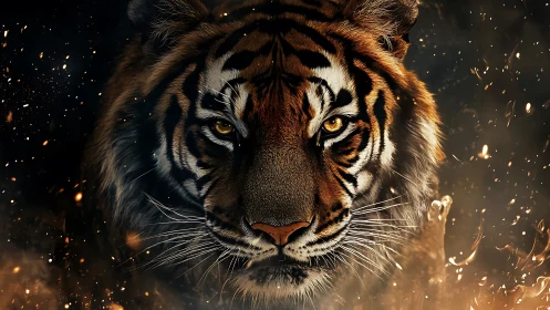 Ember-eyed tiger stepping through swirling sparks of night.