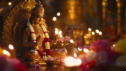 Radiant goddess statue amid devotional candlelit garlands.