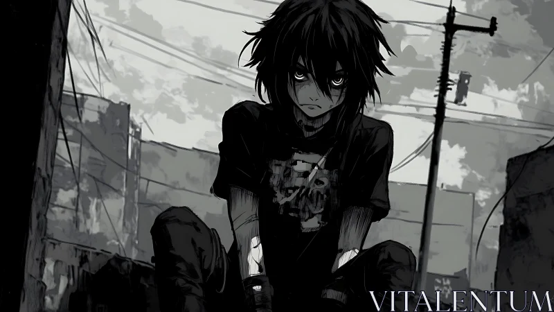 Street-scarred loner broods beneath a tangle of city wires.