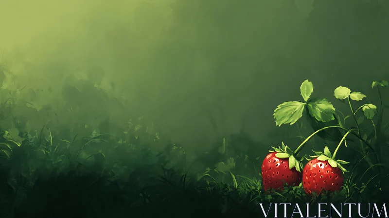 Strawberry plant in dense green foliage background field.