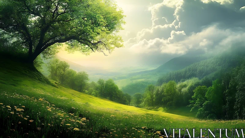 Sunlit emerald valley under dramatic gathering clouds.