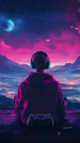 Neon sky pause with a gamer dreaming above city lights.