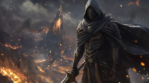 Hooded armored warrior stands in burning volcanic wasteland