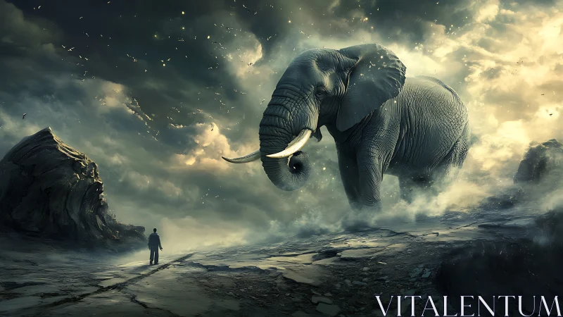 Colossal atmospheric elephant confronting lone human observer.