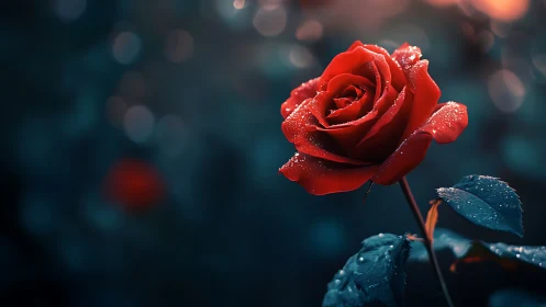 Red rose with water droplets against dark blue background.