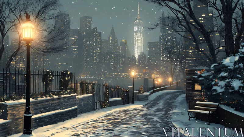 Snow covered city park path with illuminated skyline at night.