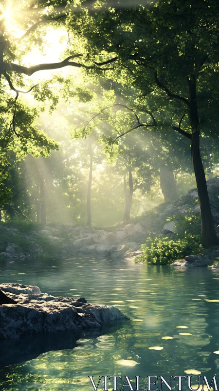 Luminous forest stream with atmospheric light penetration.