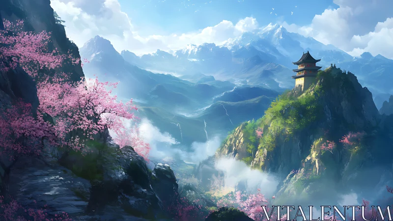 Sky-kissed pagoda above cherry-swept emerald valleys.