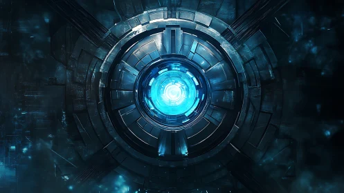 Futuristic blue energy core within circular tech chamber.