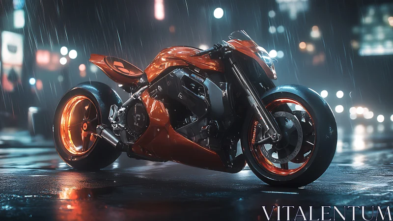 Orange sport motorcycle on wet city street at night.