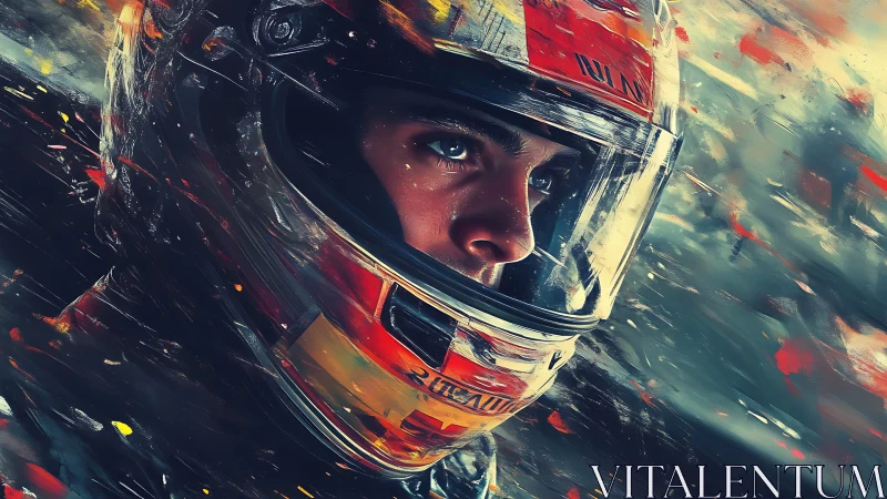 Helmeted racer carves through liquid speed and electric color