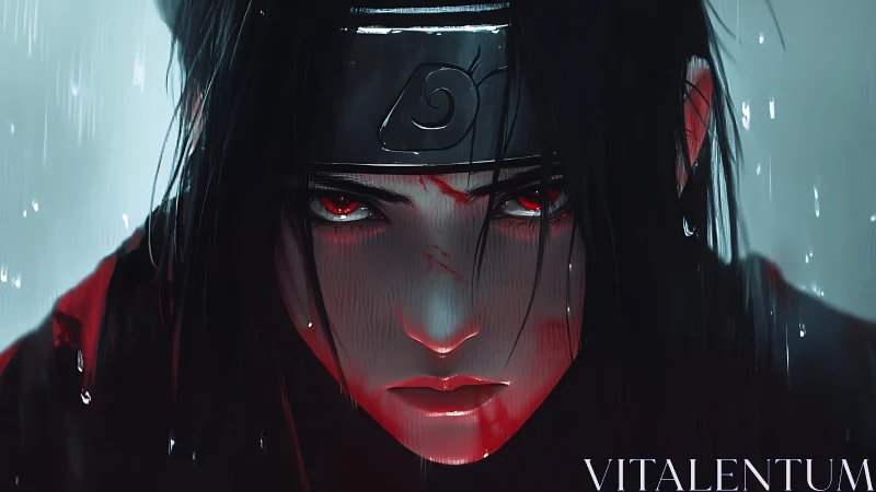 Scarlet-eyed ninja stares ahead in the pouring rain.