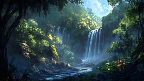 Majestic Waterfall in Misty Canyon Forest Sanctuary