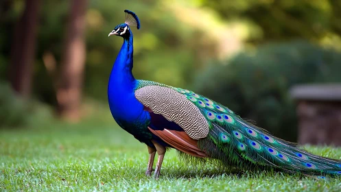 Vibrant peacock standing in lush garden, natural light photography.