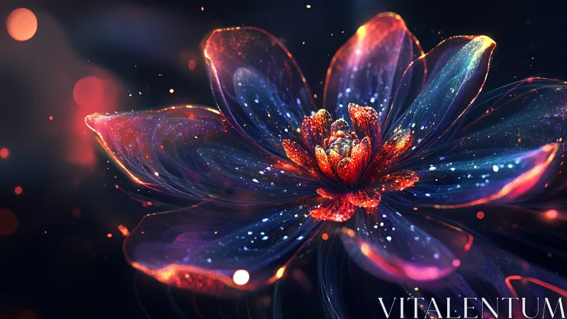 Digital render shows luminous abstract flower in dark field