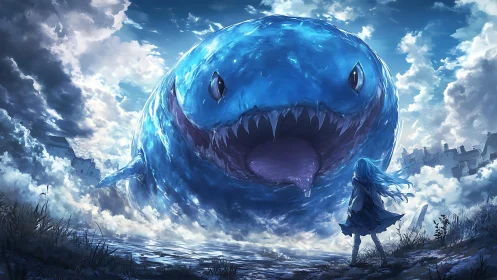 Colossal ethereal whale confronts lone figure in stormlit shallows