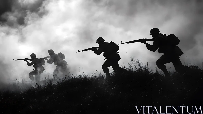 Silhouetted infantry patrol advancing through dense battlefield smoke