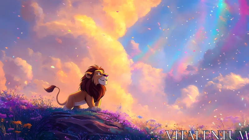 Majestic cartoon lion under radiant pastel sky glow