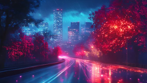 Neon rain stitches a glowing highway into the sleeping city