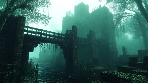 Ruined brick bridge crosses flooded fortress under rainfall