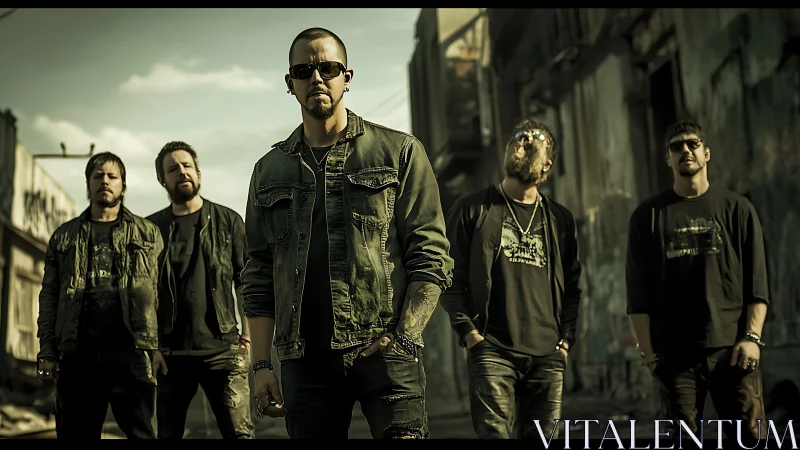 Five men stand in distressed urban alley under flat daylight