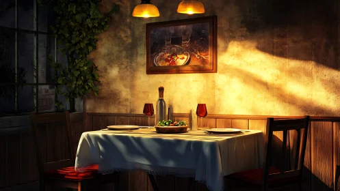 Rendered Intimate Dining Scene with Volumetric Lighting and Warm Atmospheric Tonality